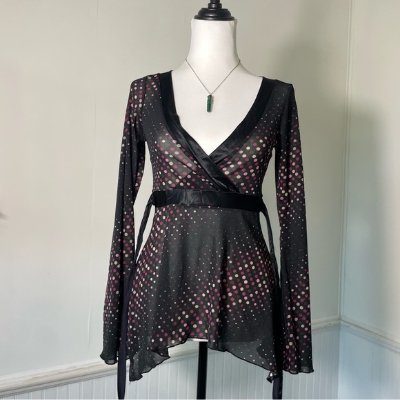 Hot Tempered Don’t Be Afraid Y2K B&W Pink Polka Dot Mesh Flare Long Slv Babydoll - Picture 5 of 8